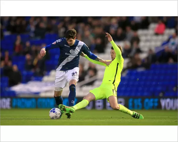 Intense Rivalry: Battle for the Ball between Birmingham City's Kyle Lafferty and Brighton & Hove Albion's Dale Stephens