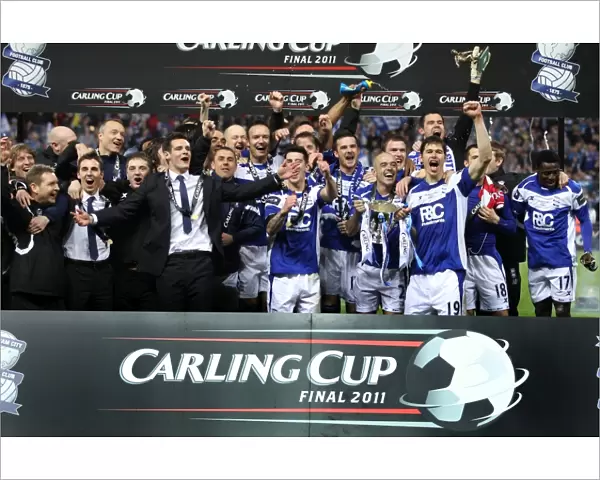 The Birmingham City squad celebrate with the trophy after the final whistle