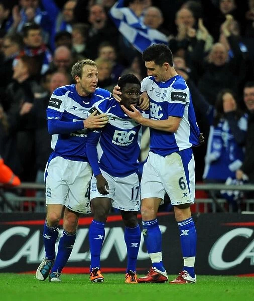 Birmingham City FC: Obafemi Martins Triumphant Goal Celebration with Lee Bowyer and Liam Ridgewell - Carling Cup Final Victory at Wembley Stadium