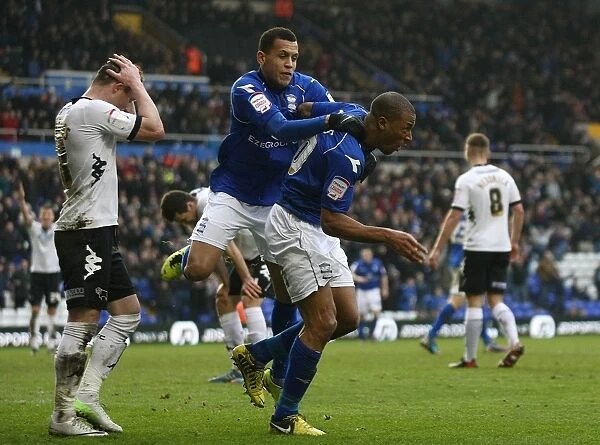 Birmingham City FC: Wes Thomas and Ravel Morrison's Jubilant Moment after Winning Goal vs. Derby County (Npower Championship)