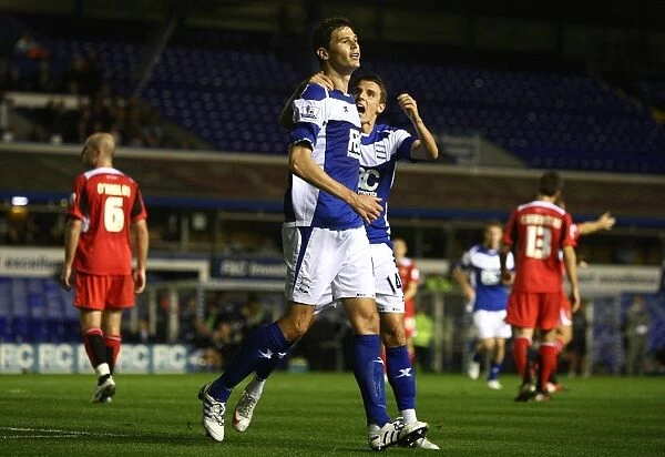 Birmingham City FC: Zigic and Derbyshire Celebrate Second Goal in Carling Cup Victory over Milton Keynes Dons