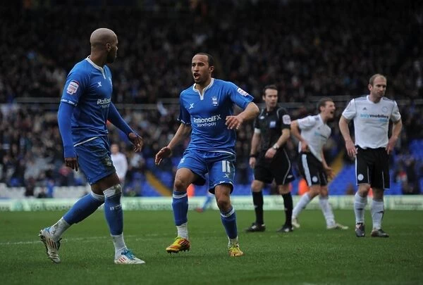 Marlon King and Andros Townsend: Birmingham City's Jubilant Moment after Securing Victory against Derby County (03-03-2012)