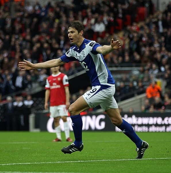 Thrilling Goal Celebration: Nikola Zigic Scores the Opener in Birmingham City's Carling Cup Victory over Arsenal at Wembley Stadium