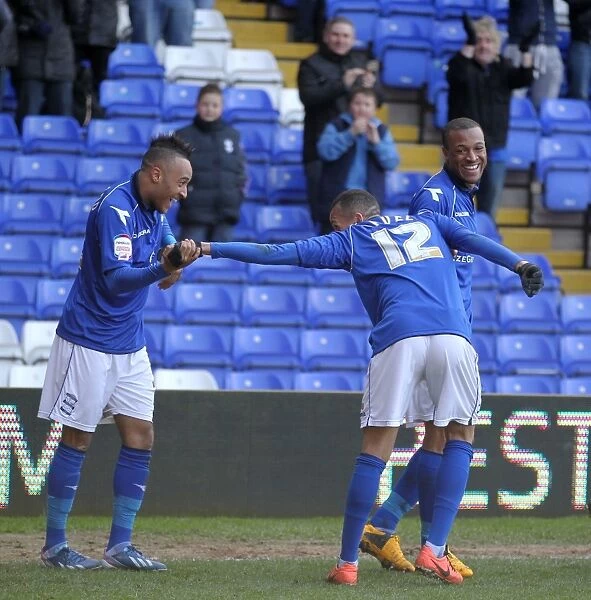Triumphant Threesome: Nathan Redmond, Ravel Morrison, and Wes Thomas Celebrate Birmingham City's Opening Goal Against Millwall