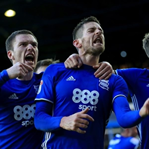 Birmingham City's Lukas Jutkiewicz Scores First Goal: Celebrating with Gardner and Kieftenbeld in Sky Bet Championship Match against Fulham at St. Andrews