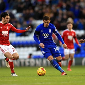 Che Adams of Birmingham City Clashes with Lica and Michael Mancienne of Nottingham Forest in Sky Bet Championship Match