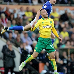 Sam Gallagher Wins the Ball from Tom Trybull: Norwich City vs Birmingham City, Sky Bet Championship (No Credit)