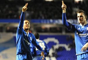 31-12-2011 v Blackpool, St. Andrew's Collection: Birmingham City FC: Nathan Redmond and Chris Wood Celebrate Their Hat-trick Against Blackpool