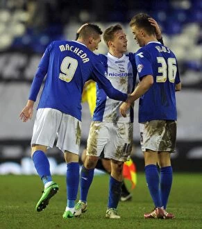 Images Dated 1st February 2014: Birmingham City FC: Triumphant Moment as Howard, Huws, Macheda Celebrate Championship Victory