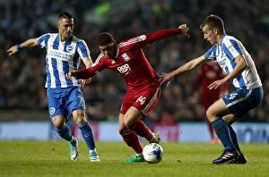 Images Dated 4th April 2017: Brighton & Hove Albion vs Birmingham City: Che Adams Faces Off Against Biram Kayal and Uwe Hunemeier