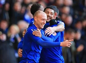 Images Dated 28th December 2014: Cotterill and Shinnie: Birmingham City's Jubilant Moment as They Celebrate Goal Against Nottingham