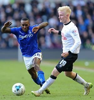 Images Dated 7th March 2015: Intense Sky Bet Championship Clash: Lloyd Dyer Fouls Will Hughes (Derby County vs Birmingham City)