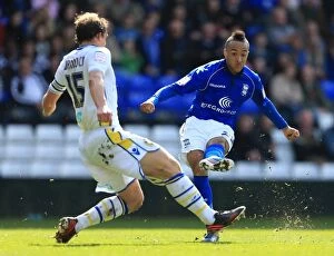 Images Dated 20th April 2013: Npower Championship Showdown: Nathan Redmond's Blocked Shot by Stephen Warnock - Birmingham City